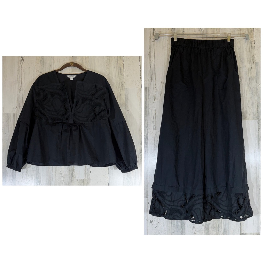 Banana Republic 2pc Set Medium Black Embroidered Lace Top Wide Leg Pants Cotton